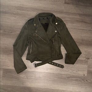 Stylish Olive Leather Moto Jacket- appears faux suede